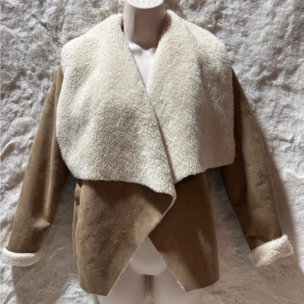 Ralph Lauren Tan Sherpa Suede Open Front Jacket, Women’s Petite XS fully linned - Picture 3 of 15
